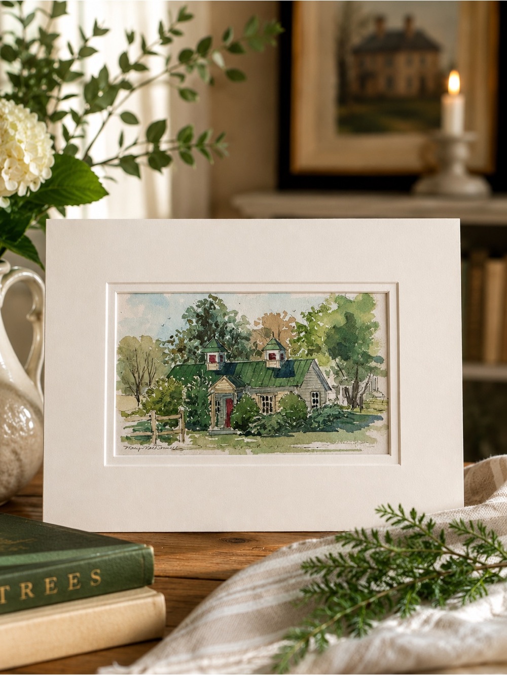 Original Signed Watercolor Cottage Landscape Painting English Cottage Framed Art